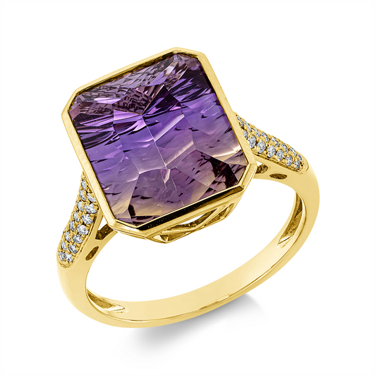 Ring 18 kt GG, 44 Brill. 0,19 ct, TW-si, 1 Ametrin 6,30 ct gelb-lila