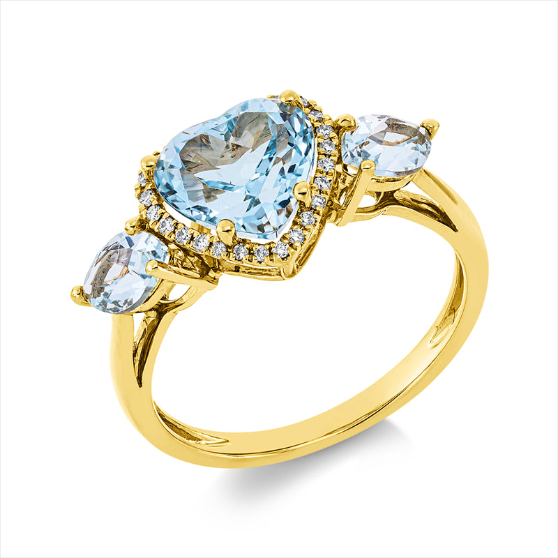 Ring 18 kt GG, 26 Brill. 0,10 ct, TW-si, 1 Topas 2,50 ct sky blue, 2 Topase 1,00 ct sky blue