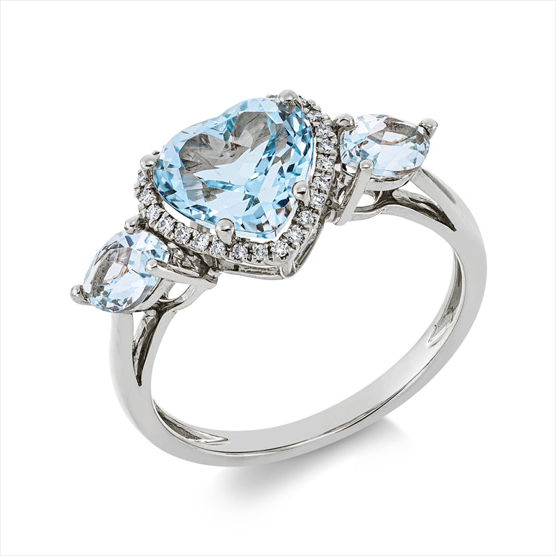 Ring 18 kt WG, 26 Brill. 0,10 ct, TW-si, 1 Topas 2,50 ct sky blue, 2 Topase 1,00 ct sky blue