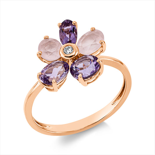 Ring 18 kt RG, 1 Brill. 0,03 ct, TW-si, 3 Amethyste 1,10 ct lila, 2 Rosenquarz 0,70 ct rosé