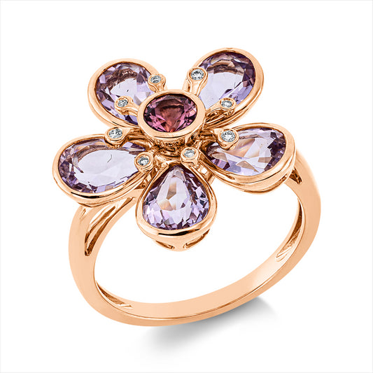 Ring 18 kt RG, 8 Brill. 0,04 ct, TW-si, 1 Turmalin 0,30 ct pink, 5 Amethyste 3,20 ct pink
