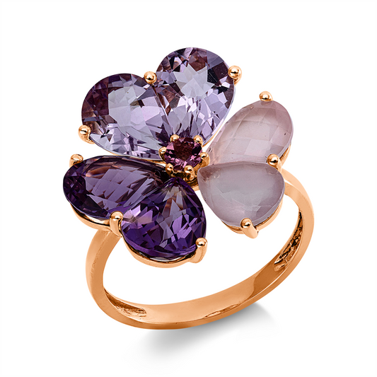 Ring 18 kt RG, 2 Rosenquarz 1,80 ct rosé, 2 Am 2,60 ct pink, 2 Am 2,30 ct lila, 1 Turmalin 0,20 ct pink