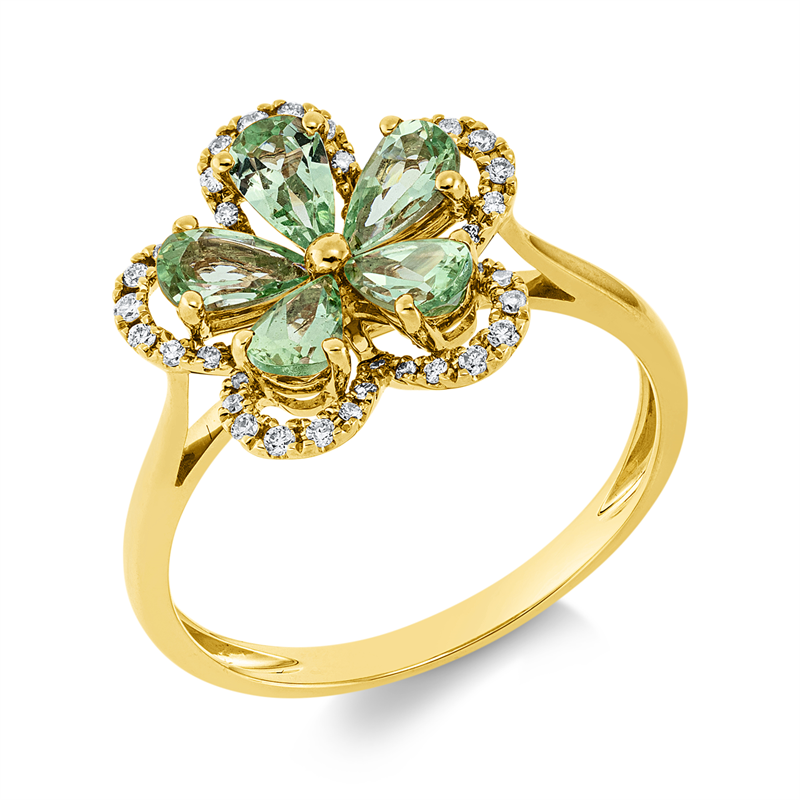 Ring 18 kt RG, 2 Rosenquarz 1,90 ct rosé, 2 Ame 2,60 ct pink, 2 Ame 2,60 ct lila, 1 Turmalin 0,20 ct pink