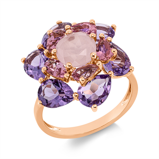 Ring 18 kt RG, 5 Turmalin 1,00 ct pink, 1 Rosenquarz 1,30 ct rosé, 6 Amethyste 3,80 ct pink