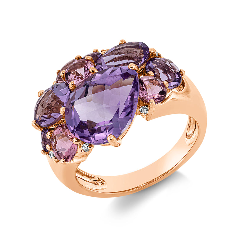 Ring 18 kt RG, 6 Brill. 0,05 ct, TW-si, 6 Amethyste 6,20 ct lila, 4 Turmalin 1,50 ct pink