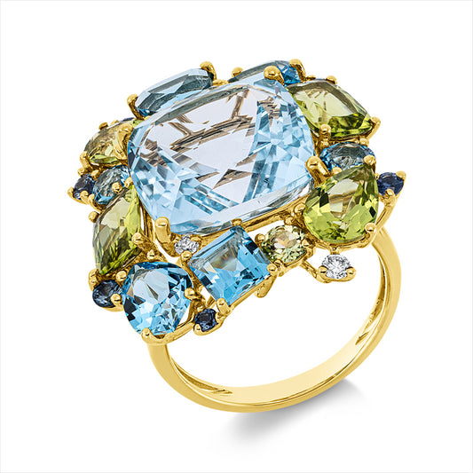 Ring 18ktGG,3 Brill.0,12ct, TW-si,5 Peridot 3,80ct grün,7 Topase 18,00ct multi blau,6 Sapp 0,31ct blau