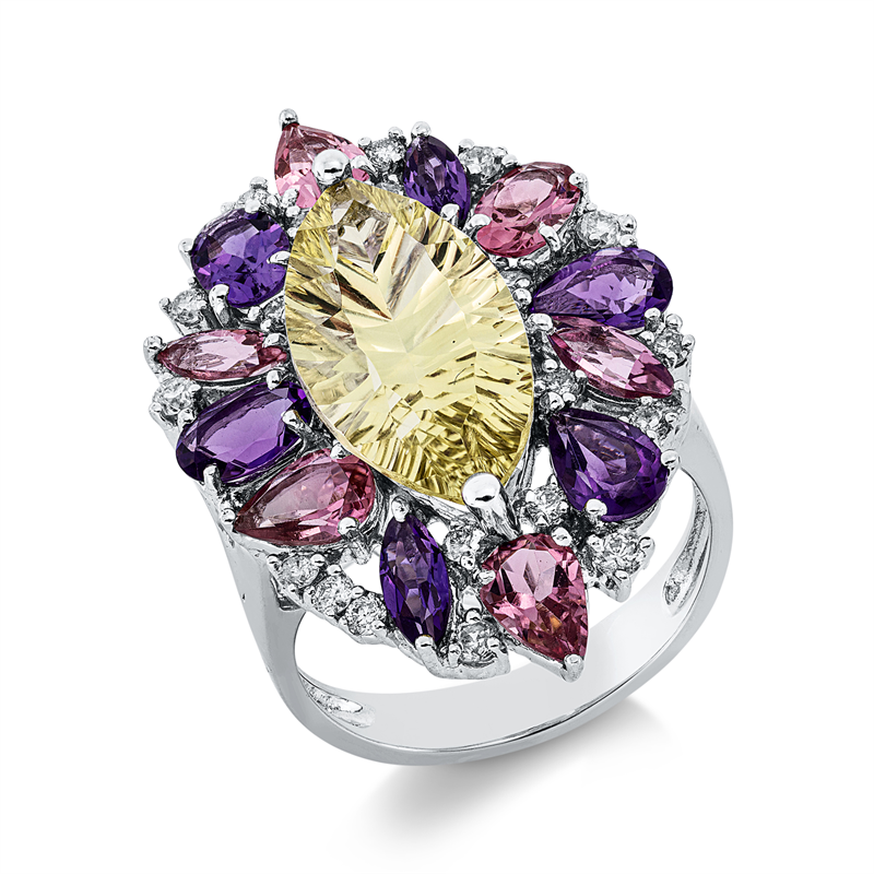 Ring 18 kt WG, 20 Brill.0,46ct, W-pi, 6 Am 1,13ct lila, 1 Lemonquarz 5,16ct grün,6 Turmalin 1,83ct pink
