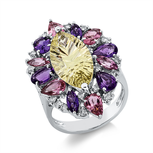 Ring 18 kt WG, 20 Brill.0,46ct, W-pi, 6 Am 1,13ct lila, 1 Lemonquarz 5,16ct grün,6 Turmalin 1,83ct pink