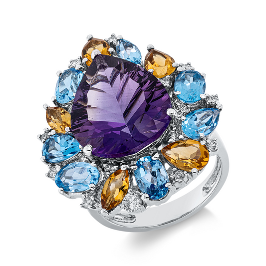 Ring 18 kt WG, 18 Brill. 0,36 ct, W-pi, 7 Topase 3,38 ct blau, 1 Ame 7,96 ct lila, 5 Citrin 1,46 ct gelb