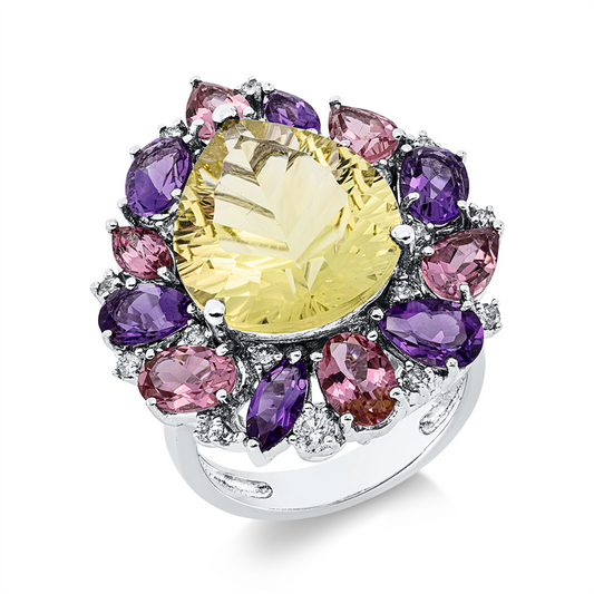 Ring 18ktWG,18 Brill.0,36ct, W-pi, 6 Turmalin 1,89ct pink, 1 Lemonquarz 7,82 ct grün, 6 Am 1,89ct lila