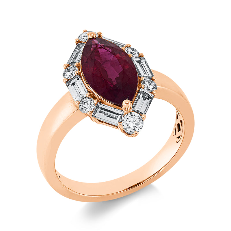 Ring 18 kt RG, AGIL 66210, 6 Bag. 0,47 ct, F-vvs, 6 Brill. 0,27 ct, F-vvs, 1 Rubin 2,35 ct rot