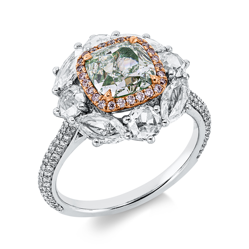 Ring 18 kt WG+RG,112  Fant-Schl 1,35 ct, F-vsi, 1 Cushion 1,74 ct, grün, 26 Brill. 0,10 ct, pink