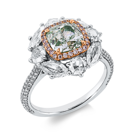Ring 18 kt WG+RG,112  Fant-Schl 1,35 ct, F-vsi, 1 Cushion 1,74 ct, grün, 26 Brill. 0,10 ct, pink