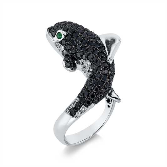 Ring 18 kt WG, Fassung teils schw rhod, 28 Br. 0,44 ct, W-pi, 166 Br. 3,22 ct, schwarz, 2 Smar 0,07 ct