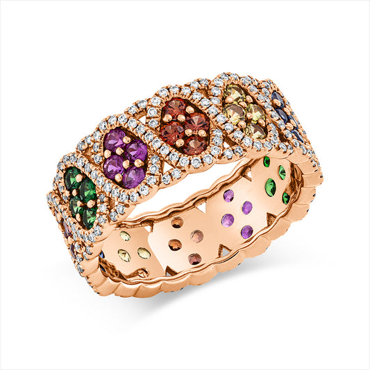 Ring 18 kt RG, 264 Brill. 0,60 ct, W-si, 48 Saphire 1,77 ct multicolor