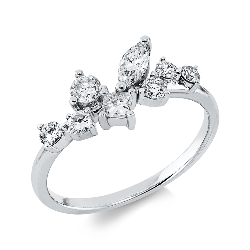 Ring 18 kt WG, 1 Nav. 0,13 ct, W-pi, 1 Princ. 0,11 ct, W-si, 6 Brill. 0,34 ct, W-pi