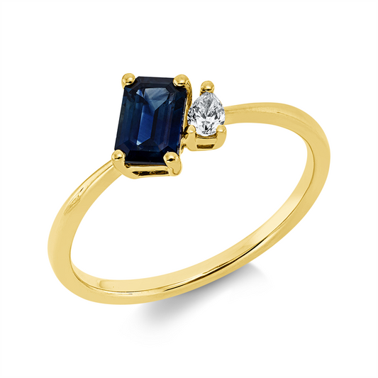 Ring 18 kt GG, 1 Tropfen 0,08 ct, TW-si, 1 Saphir 0,73 ct blau