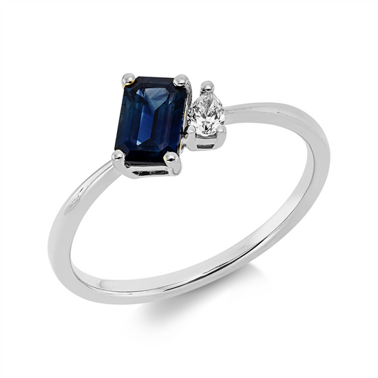 Ring 18 kt WG, 1 Tropfen 0,08 ct, TW-si, 1 Saphir 0,73 ct blau