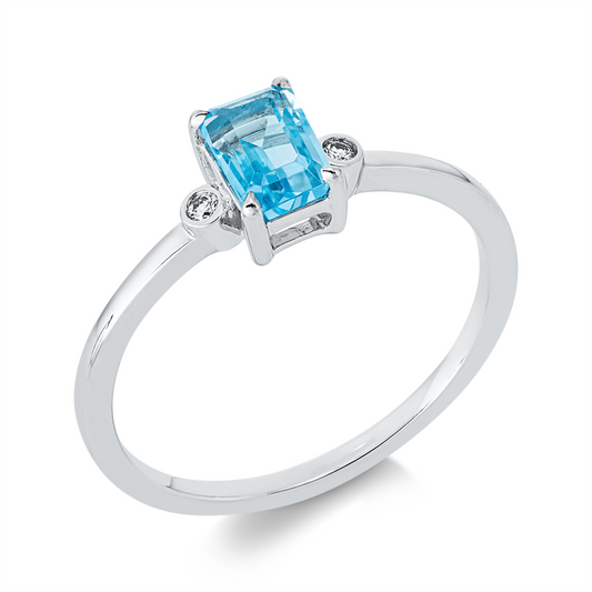 Ring 18 kt WG, 2 Brill. 0,02 ct, TW-si, 1 Topas 0,78 ct blau