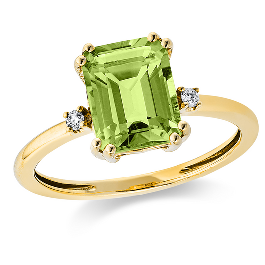 Ring 18 kt GG, 2 Brill. 0,04 ct, TW-si, 1 Peridot 2,50 ct grün