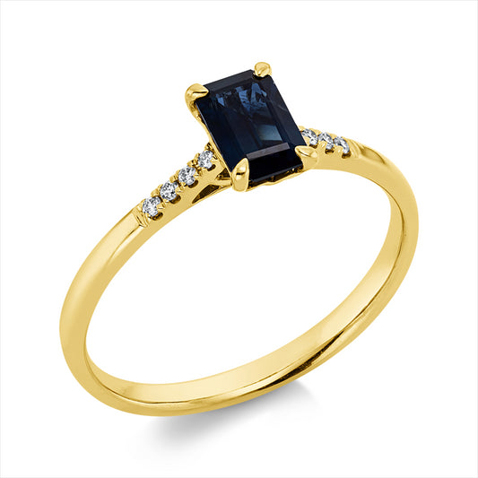 Ring 18 kt GG, 8 Brill. 0,04 ct, TW-si, 1 Saphir 0,65 ct blau