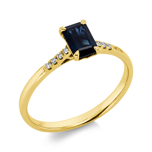 Ring 18 kt GG, 8 Brill. 0,04 ct, TW-si, 1 Saphir 0,65 ct blau