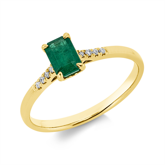 Ring 18 kt GG, 8 Brill. 0,04 ct, TW-si, 1 Smaragd 0,52 ct grün