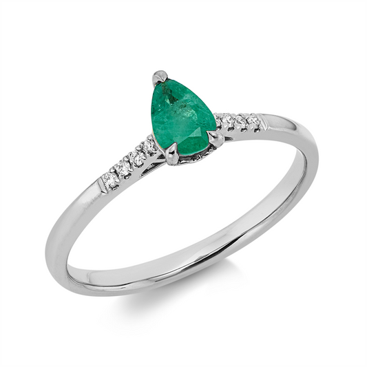 Ring 18 kt WG, 8 Brill. 0,04 ct, TW-si, 1 Smaragd 0,36 ct grün