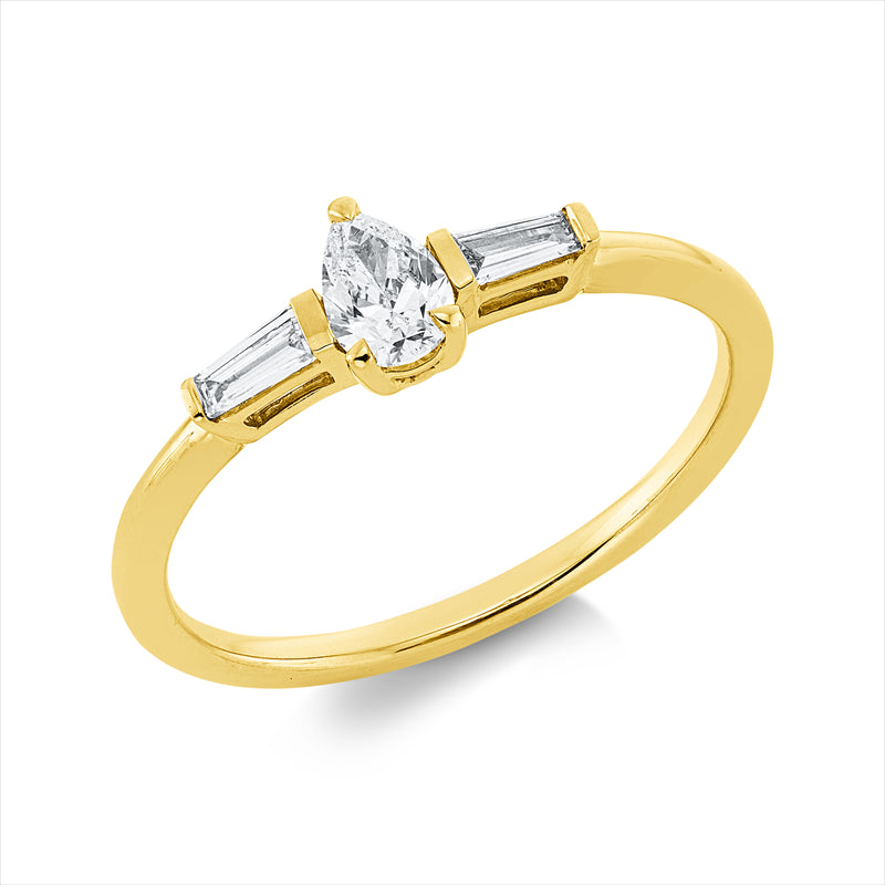 Ring 18 kt GG, 1 Tropfen 0,21 ct, TW-si, 2 Trap. 0,10 ct, TW-si