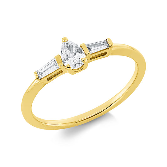 Ring 18 kt GG, 1 Tropfen 0,21 ct, TW-si, 2 Trap. 0,10 ct, TW-si