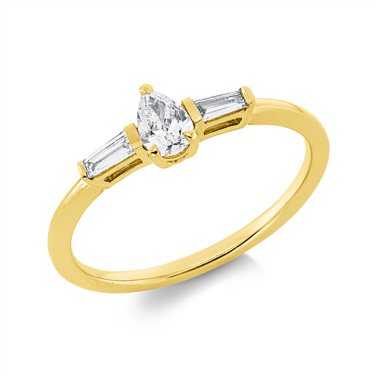 Ring 18 kt GG, 1 Tropfen 0,21 ct, TW-si, 2 Trap. 0,10 ct, TW-si