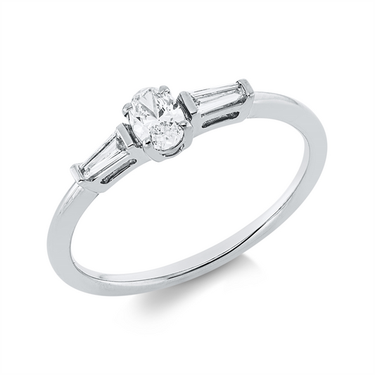 Ring 18 kt WG, 1 Oval 0,21 ct, TW-si, 2 Trap. 0,10 ct, TW-si