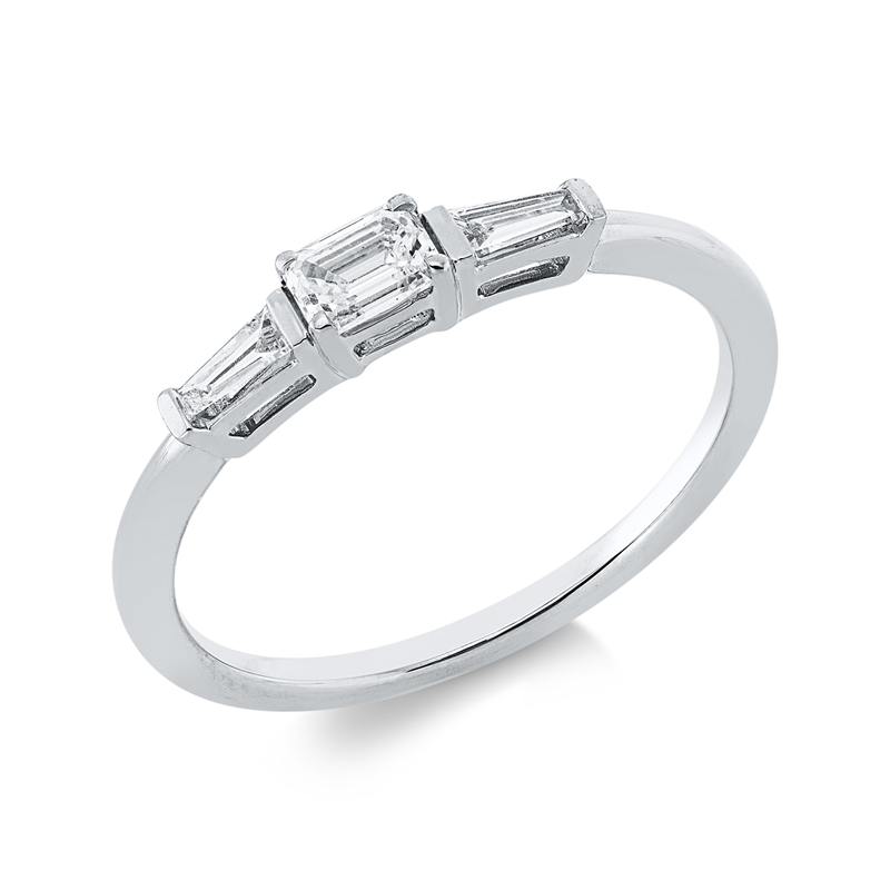 Ring 18 kt WG, 1 Sm.schliff 0,22 ct, TW-si, 2 Trap. 0,10 ct, TW-si