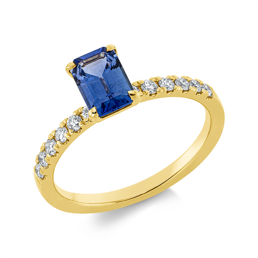 Ring 18 kt GG, 12 Brill. 0,25 ct, TW-si, 1 Saphir 1,10 ct blau