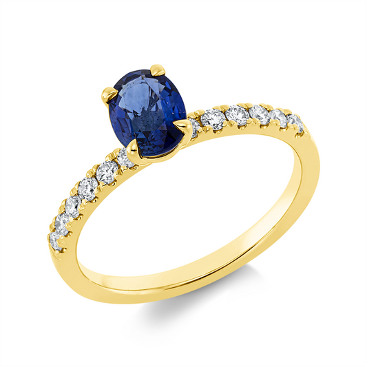 Ring 18 kt GG, 12 Brill. 0,25 ct, TW-si, 1 Saphir 1,00 ct blau