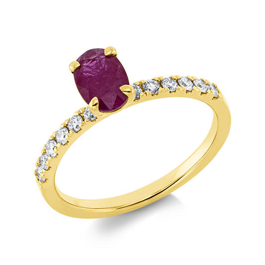 Ring 18 kt GG, 12 Brill. 0,25 ct, TW-si, 1 Rubin 0,84 ct rot