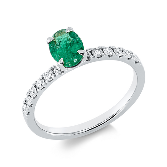 Ring 18 kt WG, 12 Brill. 0,26 ct, TW-si, 1 Smaragd 0,63 ct grün
