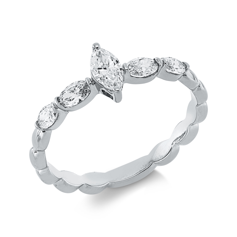 Ring 18 kt WG, 1 Nav. 0,18 ct, TW-si, 4 Oval 0,30 ct, TW-si