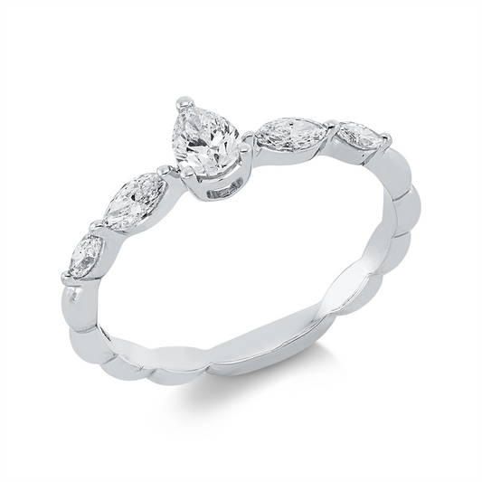 Ring 18 kt WG, 1 Tropfen 0,20 ct, TW-si, 4 Nav. 0,31 ct, TW-si