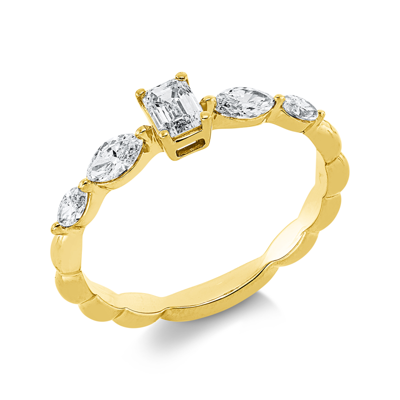 Ring 18 kt GG, 1 Sm.schliff 0,22 ct, TW-si, 4 Nav. 0,31 ct, TW-si