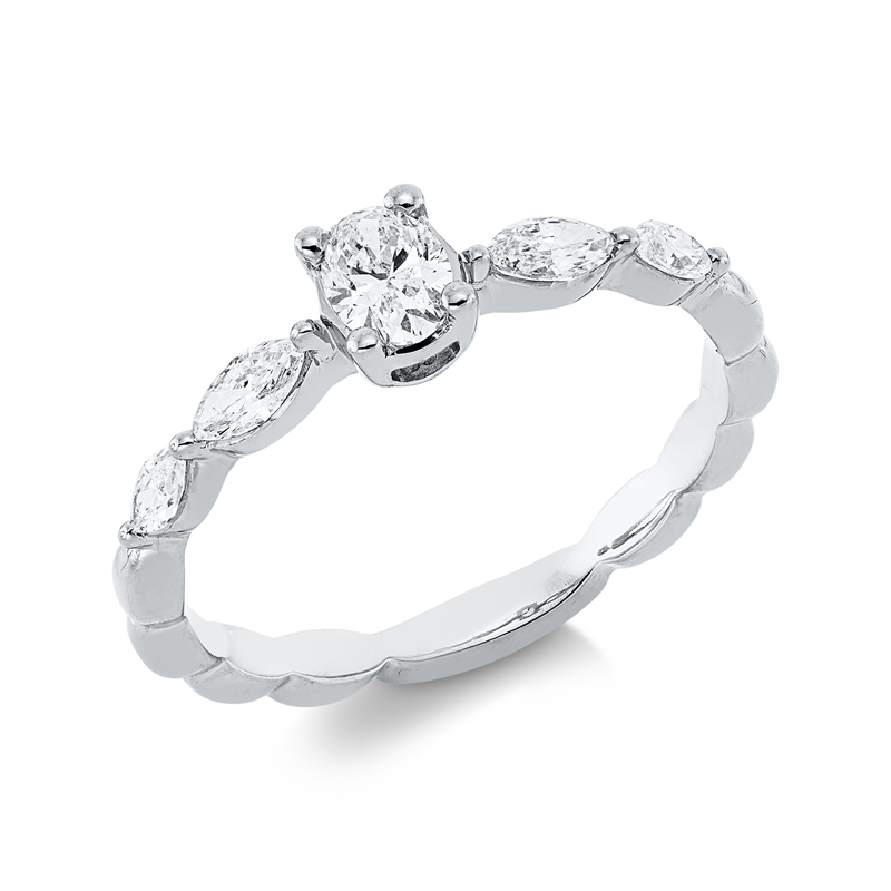 Ring 18 kt WG, 1 Oval 0,24 ct, TW-si, 4 Nav. 0,31 ct, TW-si
