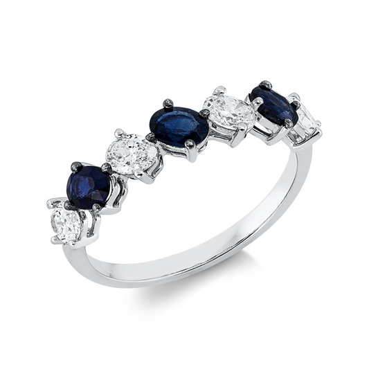 Ring 18 kt WG, 4 Oval 0,60 ct, TW-vsi/si, 3 Saphire 0,63 ct blau