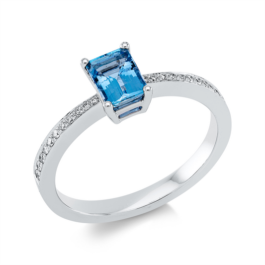 Ring 18 kt WG, 22 Brill. 0,10 ct, TW-vsi, 1 Aquamarin 0,62 ct blau