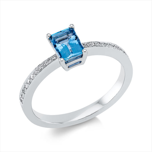 Ring 18 kt WG, 22 Brill. 0,10 ct, TW-vsi, 1 Aquamarin 0,62 ct blau