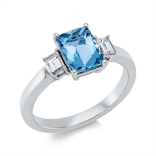 Ring 18 kt WG, 2 Bag. 0,32 ct, TW-vsi, 1 Aquamarin 1,26 ct blau