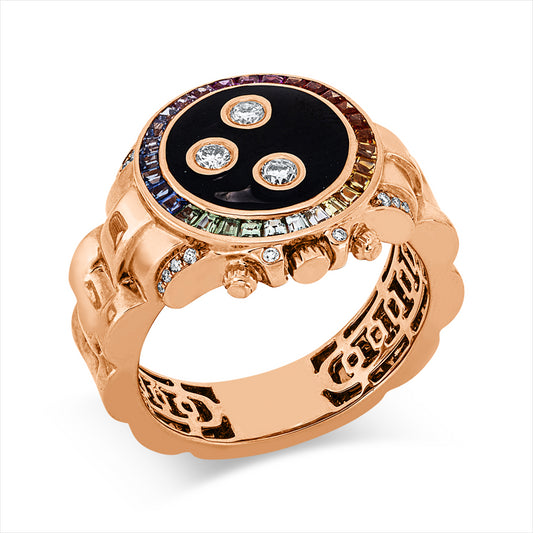 Ring 18 kt RG, 21 Brill. 0,21 ct, TW-si, 1 Emaille 0,20 ct schwarz, 30 Sapp 0,66 ct multicolor