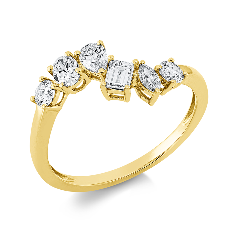 Ring 18 kt GG, 1 Tropfen 0,14 ct, TW-si, 1 Oval 0,13 ct, TW-si, 1 Nav. 0,07 ct, TW-si, 1 Bag. 0,08 ct, TW-si, 2 Brill. 0,22 ct, TW-si