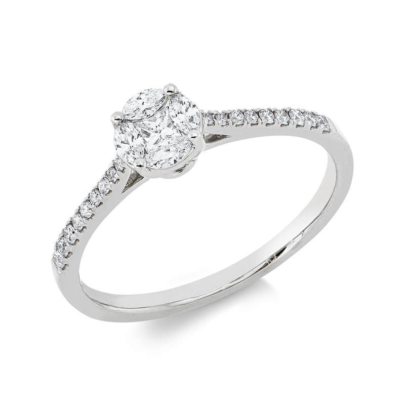 Ring 18 kt WG, 1 Princ. 0,06 ct, TW-si, 4 Nav. 0,17 ct, TW-si, 18 Brill. 0,10 ct, TW-si