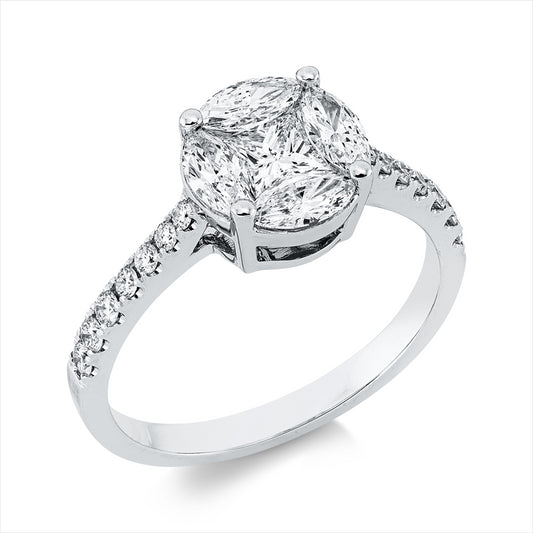 Ring 18 kt WG, 4 Nav. 0,60 ct, TW-si, 1 Princ. 0,30 ct, TW-si, 14 Brill. 0,20 ct, TW-si