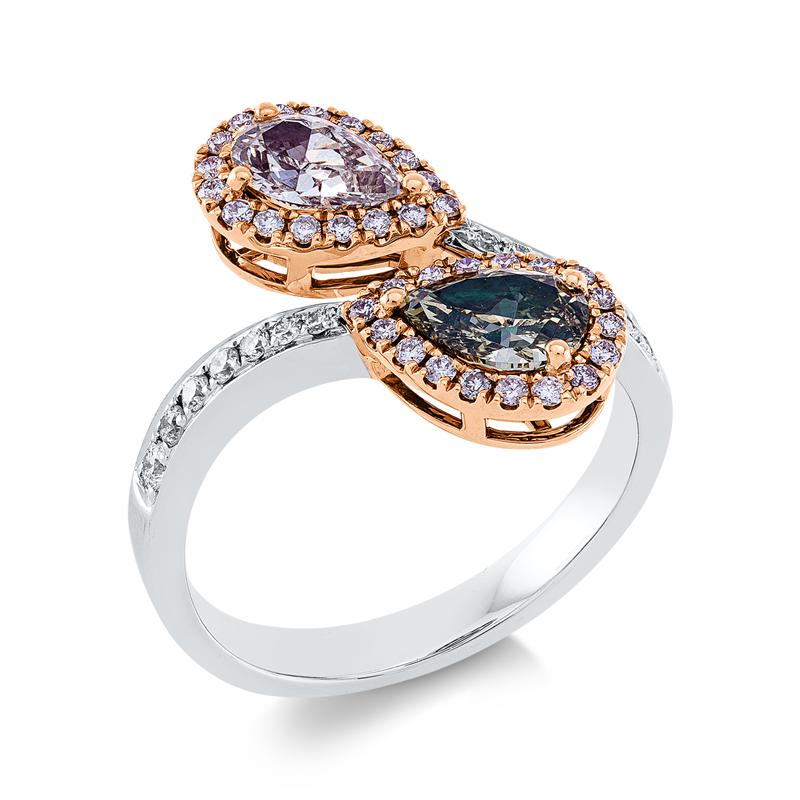 Ring 18 kt WG+RG, 14 Brill. 0,18 ct, TW-si, 34 Brill. 0,22 ct, pink, 2 Tropfen 1,44 ct, fancy